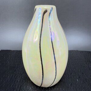 Vintage Ceramic Bud Vase With Yellow Shiny Iridescent Finish Black White Lines